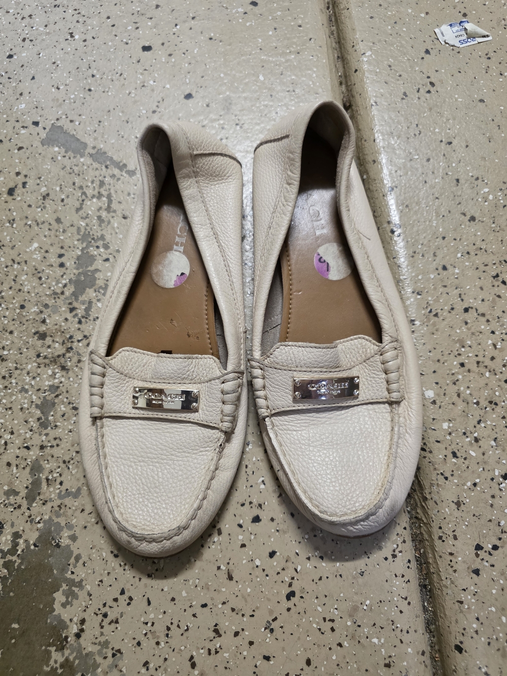 Coach Cream Leather Women's Loafers with Silver Plaques